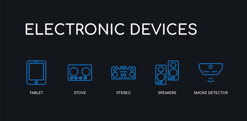 Wall Mural - 5 outline stroke blue smoke detector, speakers, stereo, stove, tablet icons from electronic devices 