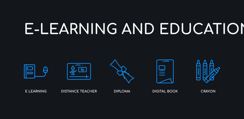 Wall Mural - 5 outline stroke blue crayon, digital book, diploma, distance teacher, e learning icons from e-learn