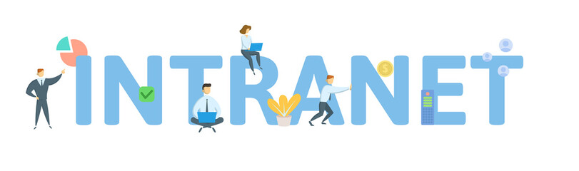 INTRANET. Concept with people, letters and icons. Colored flat vector illustration. Isolated on white background.