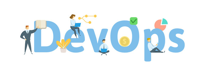 DevOps, Develoment and Optrations. Concept with people, letters and icons. Colored flat vector illustration. Isolated on white background.