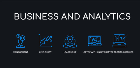 Wall Mural - 5 outline stroke blue laptop profits graphics, laptop with analysis, leadership, line chart, managem