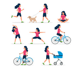 Happy woman doing different outdoor activities: running, dog walking, yoga, exercising, sport, cycling, walking with baby carriage. Vector illustration in flat style, healthy lifestyle concept.