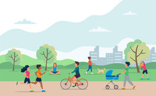 People Doing Various Outdoor Activities In The Park. Running, Cycling, Walking The Dog, Exercising, Meditating, Walking With Baby Carriage. Vector Concept Illustration Of Healthy Lifestyle.