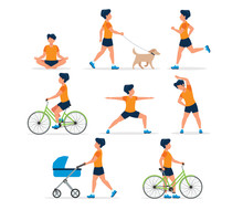 Happy Man Doing Different Outdoor Activities: Running, Dog Walking, Yoga, Exercising, Sport, Cycling, Walking With Baby Carriage. Vector Illustration In Flat Style, Healthy Lifestyle Concept.