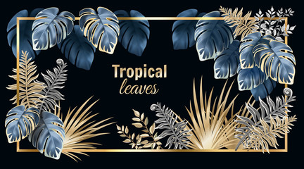 Template banner dark leaves of tropical exotic plants. Background jungle with palm trees and lianas. Vector 3d illustration with space for text.