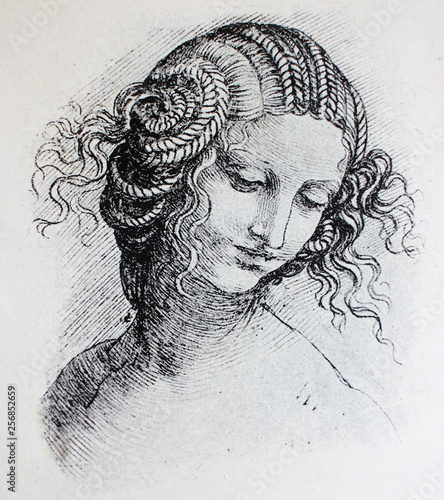 Dekoracja na wymiar  glowa-dziewczyny-leonarda-da-vinci-w-zabytkowej-ksiazce-leonard-de-vinci-eugene-muntz-1899