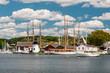 View of the Mystic Seaport with boats and houses, Connecticut