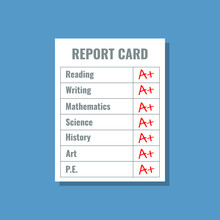 School Report Card With A Plus Grades, Flat Design Vector Illustration