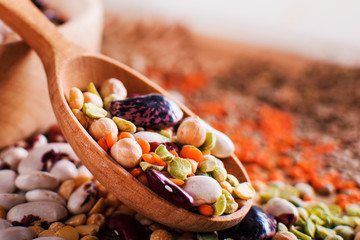 Wall Mural - Bowls and spoons of various legumes on wooden background