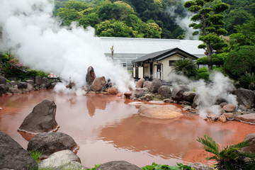 Hot spring water, red pond in Umi Jigoku of Beppu, Oita-shi, Kyushu, Japan.