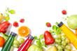 © Elvira - Beautiful colorful juice bottles with tropical fruits border isolated on white background. Vegetarion food concept. Detox. Text space