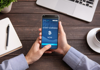 Poster - Bitcoin earning application on smartphone screen isolated