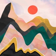Abstract Mountains And Red Sun. Hand Drawn Colorful Illustration