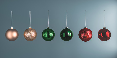 3d render illustration of christmas round balls on dark background. Set of glass baubles hanging on rope. Glossy realistic elements for promo, party, event design. Green, sparkle golden and red toys.