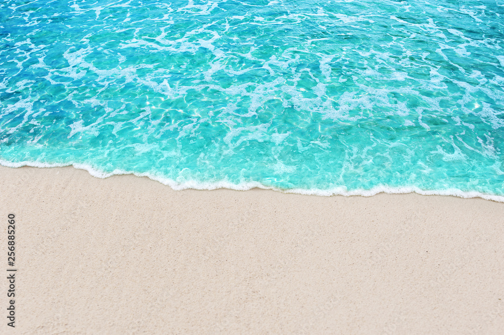 Soft blue ocean wave and water sea clear on white sandy beach - obrazy, fototapety, plakaty 