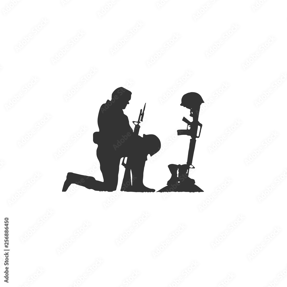 Isolated Silhouette of Soldier Kneeling at Military War Memorial of Fallen Soldier with Helmet Gun and Rifle in Combat Boots - obrazy, fototapety, plakaty 