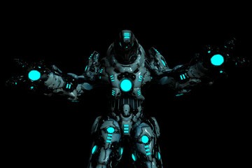 predator black and blue glowing robot in a dark background with wide arms open