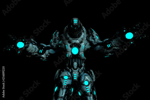 Fotomural predator black and blue glowing robot in a dark background with wide arms open