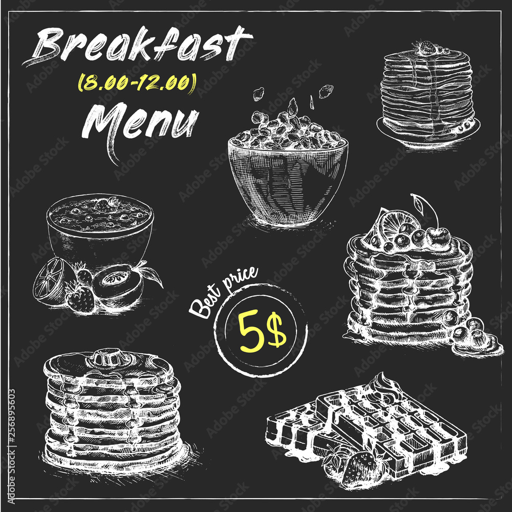 Vintage Poster. Breakfast menu.Set on the chalkboard.Hand drawn ...