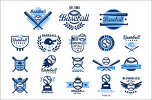 Set Of American Baseball Logo. Original Blue Labels With Balls, Crossed Bats, Caps And Wings. Sports Club Emblems. Design For Team Badge. Flat Vector Illustration