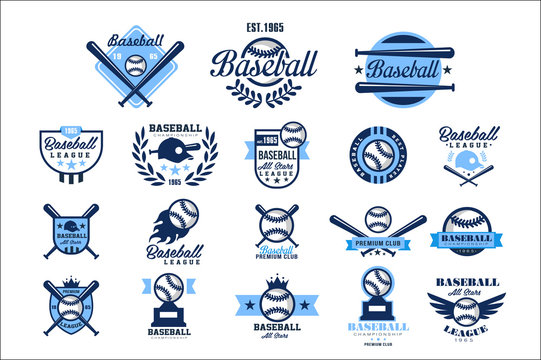 Set of American baseball logo. Original blue labels with balls, crossed bats, caps and wings. Sports club emblems. Design for team badge. Flat vector illustration