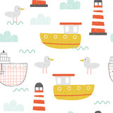 Nautical seamless pattern with ships and lighthouse. Kids hand drawn print. Vector illustration.