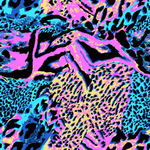 Seamless Vector Leopard Wild Safari Skin Print. Mix Of Tiger Skin, Jaguar Skin, Leopard Print. Neon Bright Colors. Glitch Pattern. Retro Pattern.