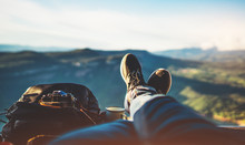 View Trekking Feet Tourist Backpack Photo Camera In Auto On Background Panoramic Landscape Mountain, Vacation Concept, Foot Photograph Hiking Relax In Auto, Photographer Enjoy Trip Holiday, Mockup