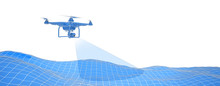 Blue Drone Over Terrain Mesh. Geo-scanning. Wire-frame Style. Isolated In White Background. 3D Illustration.
