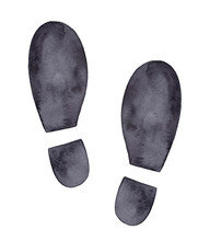 Set Of Two Stylized Shoe Prints, Top View. Human Foot Steps Pictogram. Handdrawn Ink And Black Water Color Artistic Graphic Drawing On White Background, Cut Out Clipart Element For Design Decoration.