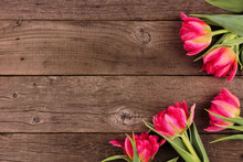 Corner Border Of Pink Tulip Flowers Against A Rustic Dark Wood Background With Copy Space