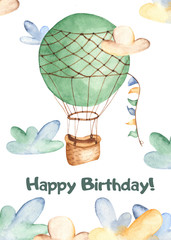 Watercolor card with hot air balloon. Illustration on white background. Great for cards, invitations, baby shower, baby design, clothes for children.