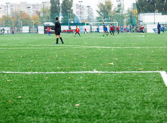 Wall Mural - Boys in red white blue sportswear running on soccer field. Young footballers dribble and kick football ball in game. Training, active lifestyle, sport, children activity concept