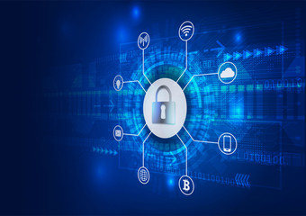 Safety Concept. Closed Padlock on Digital. Cyber Security. Blue Abstract Hi Speed Internet Technology Vector Background Illustration.