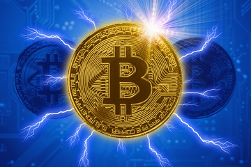 Wall Mural - bitcoin with fire spark effect golden blue color