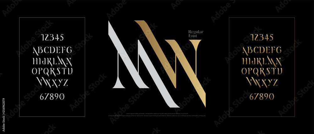 Elegant alphabet letters font set. Classic Gold Lettering Typography Fonts regular uppercase and number. vector illustration - obrazy, fototapety, plakaty 