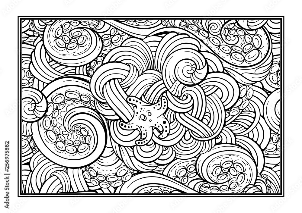 Adult coloring page with undersea world. Vector sea creatures doodles ...