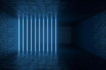 3d rendering, glowing magic lines in anbanoned room, dark background