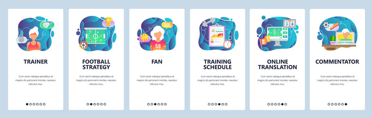 Mobile app onboarding screens. Sport game trainer, football strategy, sport fan and commentator. Menu vector banner template for website and mobile development. Web site design flat illustration
