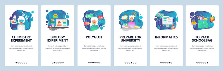  Mobile app onboarding screens. School and college education, chemistry lab, biology experiment, learning language. Vector banner template for website and mobile development. Web site flat illustration