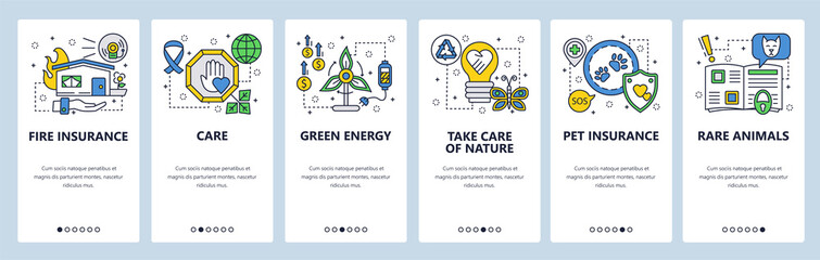 Wall Mural - mobile app onboarding screens. environment and animals protection, green energy, fire and health ins