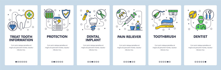 Wall Mural - mobile app onboarding screens. dental care, tooth implant, dentist doctor and health insurance. menu