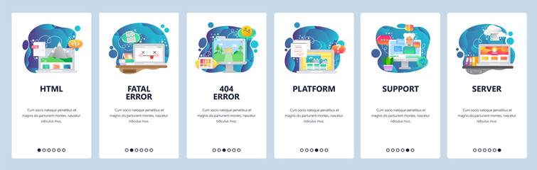 Mobile app onboarding screens. Software and web development, coding, 404 error, chat bot assistant. Menu vector banner template for website and mobile development. Web site design flat illustration