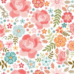 Wall Mural - Beautiful seamless pattern with embroidery roses and wild flowers on white background. Fashion print for summer clothing.