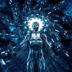Wall Mural - i dream in steel / 3d illustration of science fiction male humanoid cyborg inside glowing futuristic