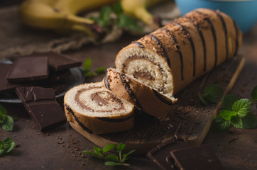 Wall Mural - Homemade chocolate banana roll cake