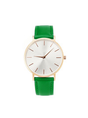 Classic women gold watch white dial, red leather strap isolate white background