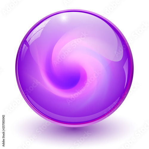 Purple glass sphere, 3D marble ball, vector illustration.