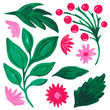 Collection Bright red pink flower green leaves berry branch on white isolated background Hand painted with acrylic and gouache Botanical floral set