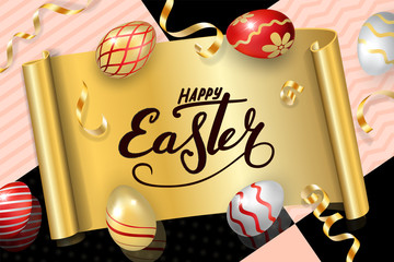 Happy Easter background, lettering, eggs. Greeting Easter 3D card. Gold decoration frame, handwritten inscription. Holiday design poster, flyer, banner. Calligraphy retro letter. Vector illustration